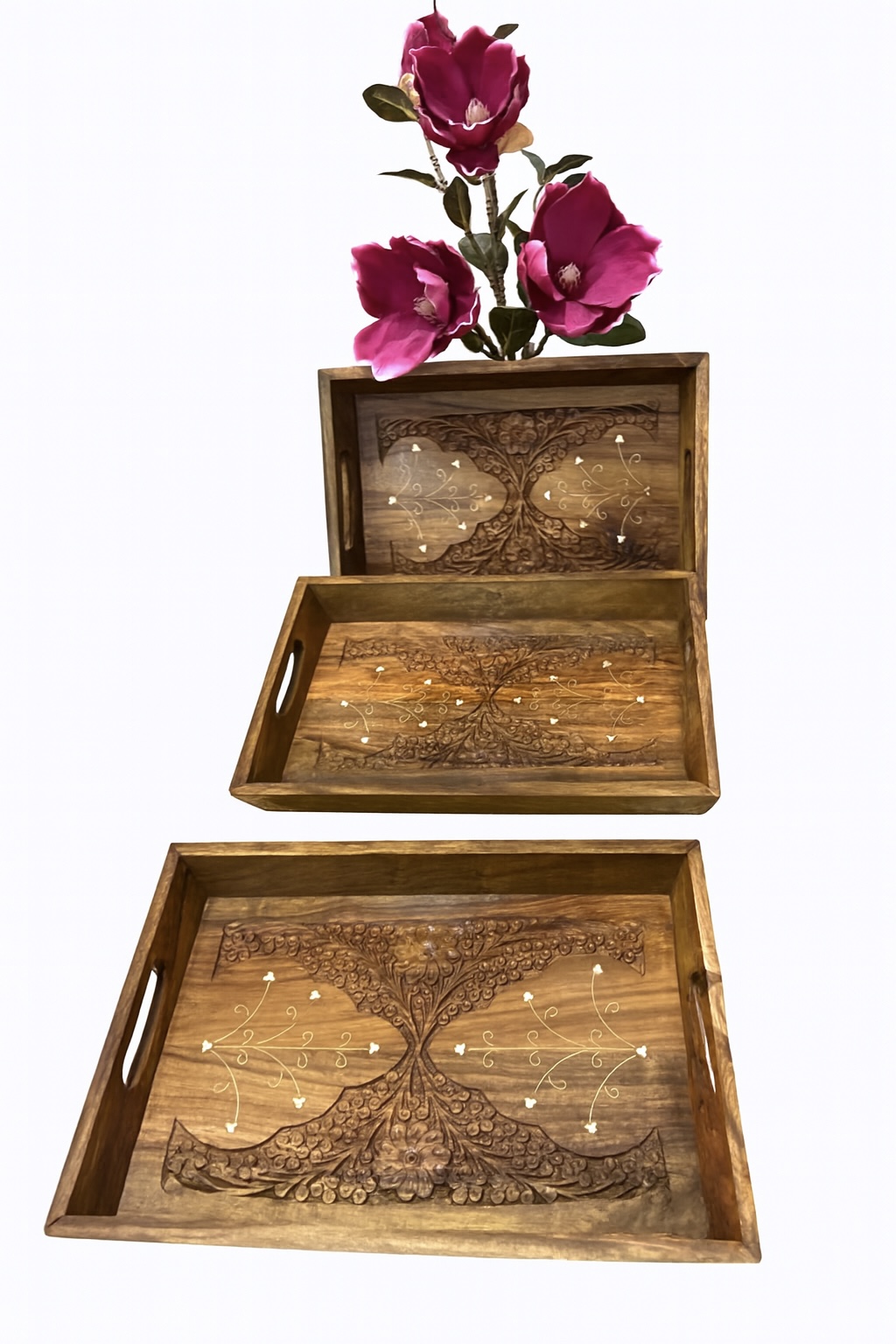 ست سینی چوبی کنده کاری شده و برنز کوب شده